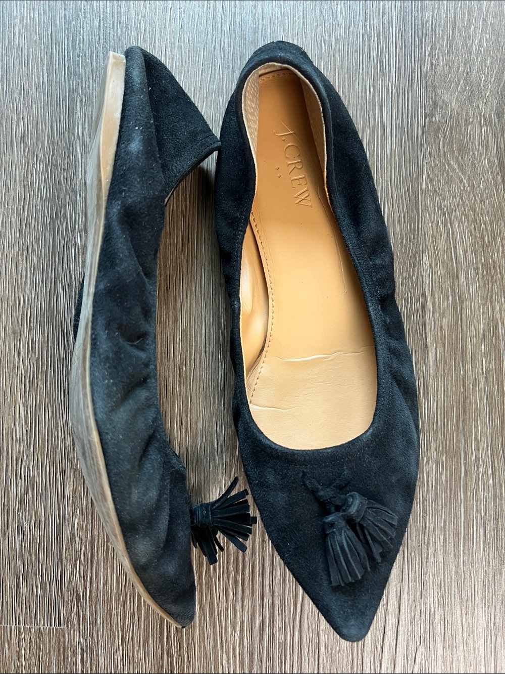 J. Crew Black Suede Pointed Tassel Flats - Classic Ballet Style